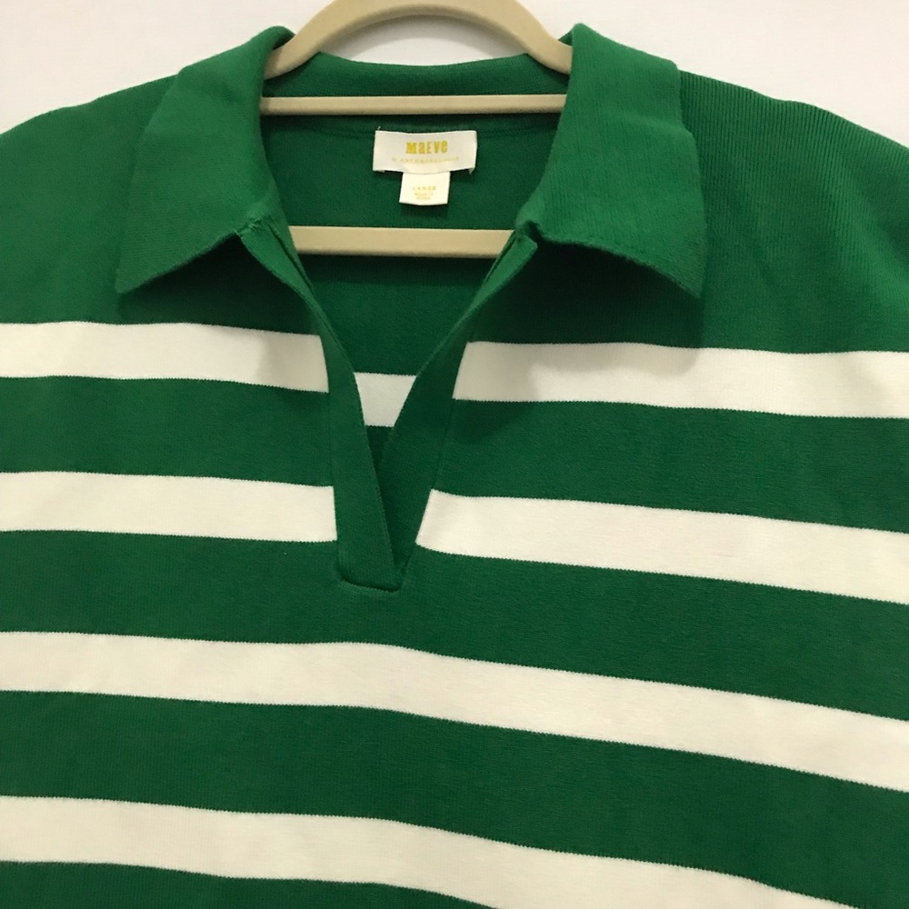 Maeve by Anthropologie Green and White Striped Sleeveless Polo Top Size L - Picture 3 of 6